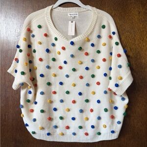 Anthropologie Cream Sweater with Colorful Pom-Poms